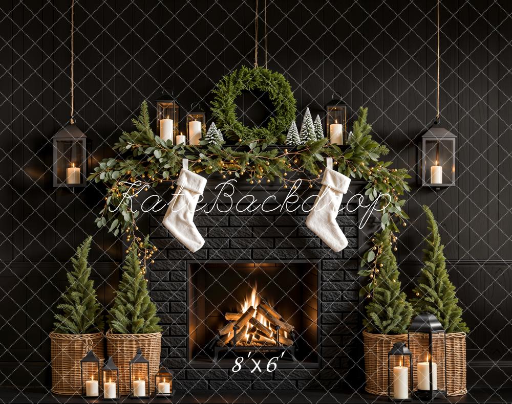 Kate Fleece Black Christmas Tree Fireplace Backdrop Designed by Emetselch