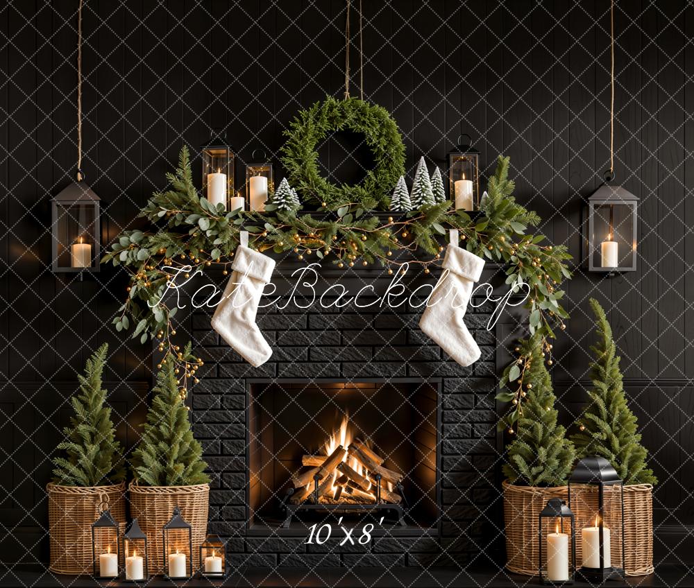 Kate Fleece Black Christmas Tree Fireplace Backdrop Designed by Emetselch