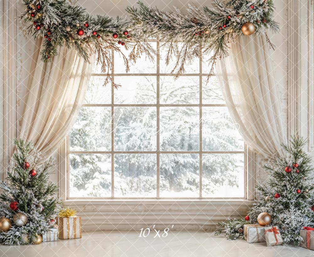 Kate Fleece Christmas Tree Window White Curtains Backdrop Designed by Emetselch