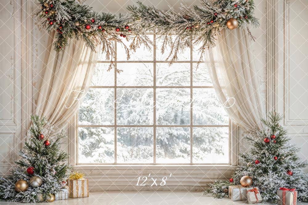 Kate Fleece Christmas Tree Window White Curtains Backdrop Designed by Emetselch