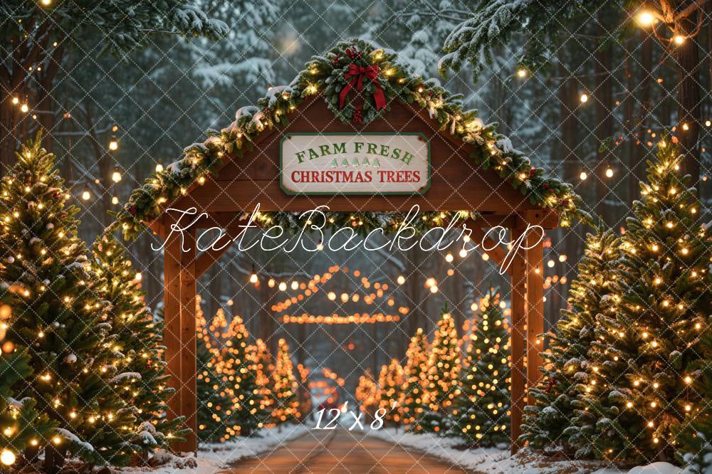 Kate Fleece Christmas Trees Farm Backdrop Wood Door Designed by Emetselch