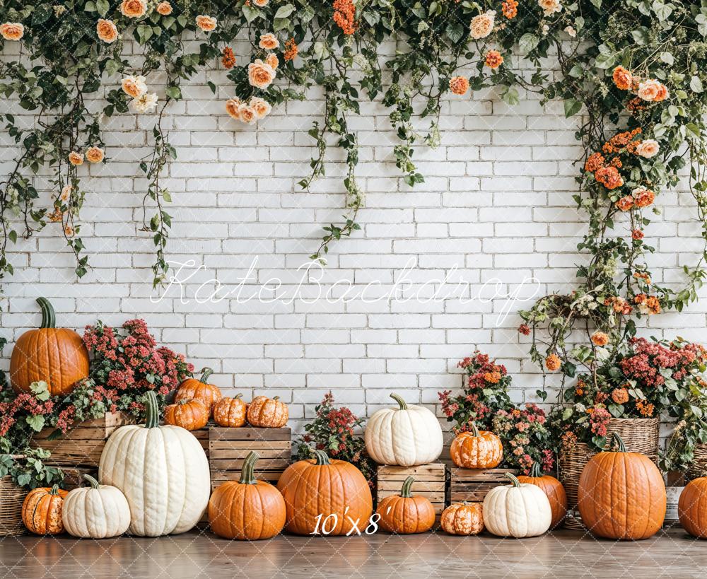 Kate Fleece Fall Pumpkins Backdrop Floral Brick Wall Designed by Emetselch