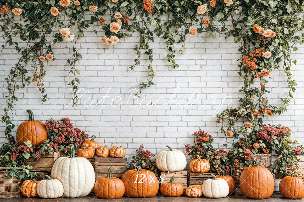 Kate Fleece Fall Pumpkins Backdrop Floral Brick Wall Designed by Emetselch