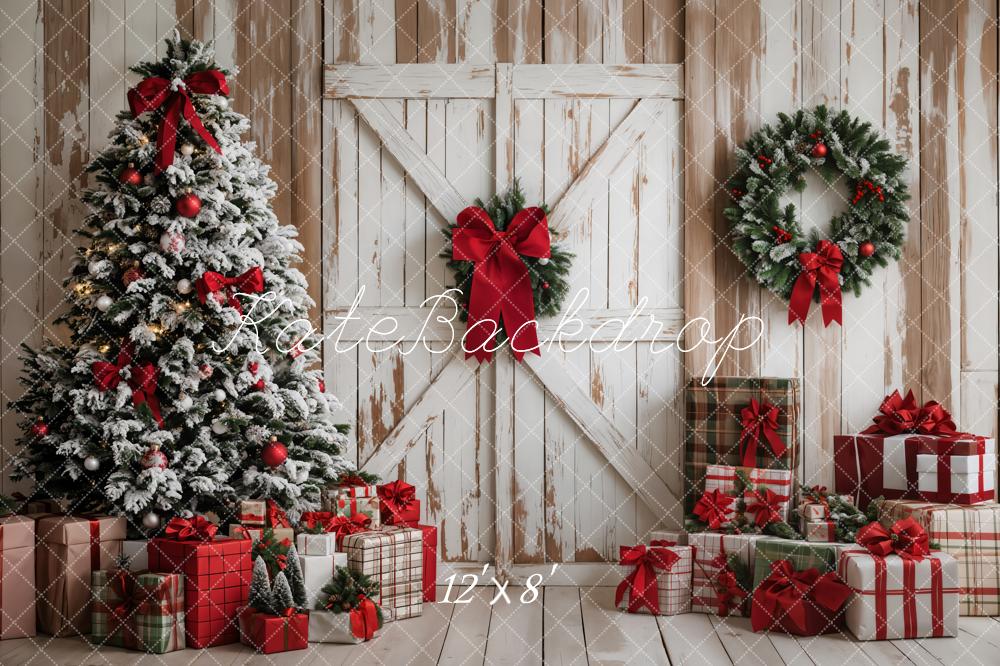 Kate Fleece Christmas Backdrop Wood Grain White Barn Door Designed by Emetselch