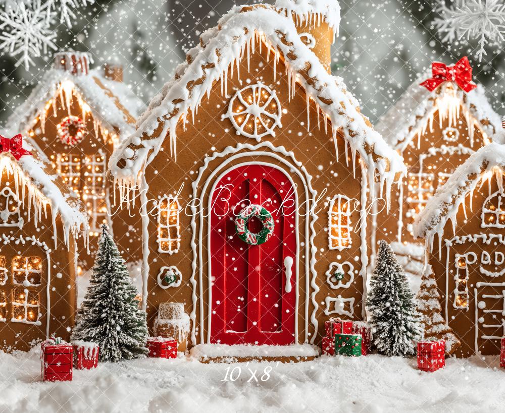 Kate Fleece Christmas Backdrop Gingerbread Houses Snowy Designed by Emetselch