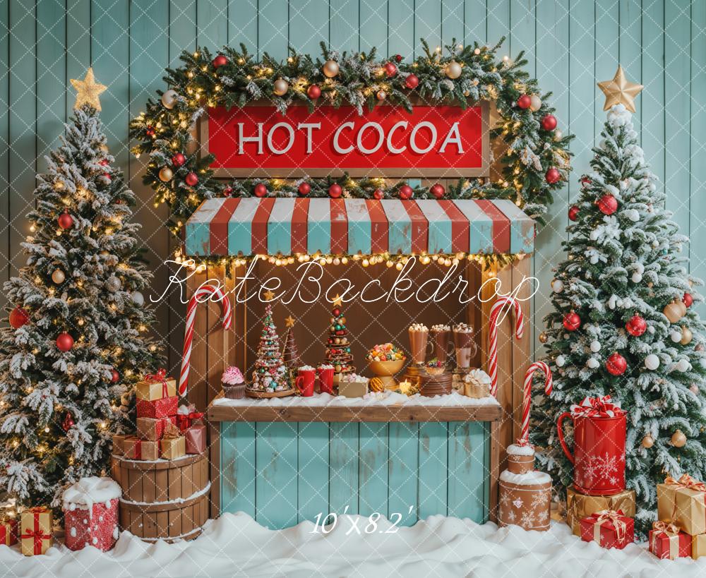 Kate Christmas Tree Hot Cocoa Stand Blue Backdrop Designed by Emetselch