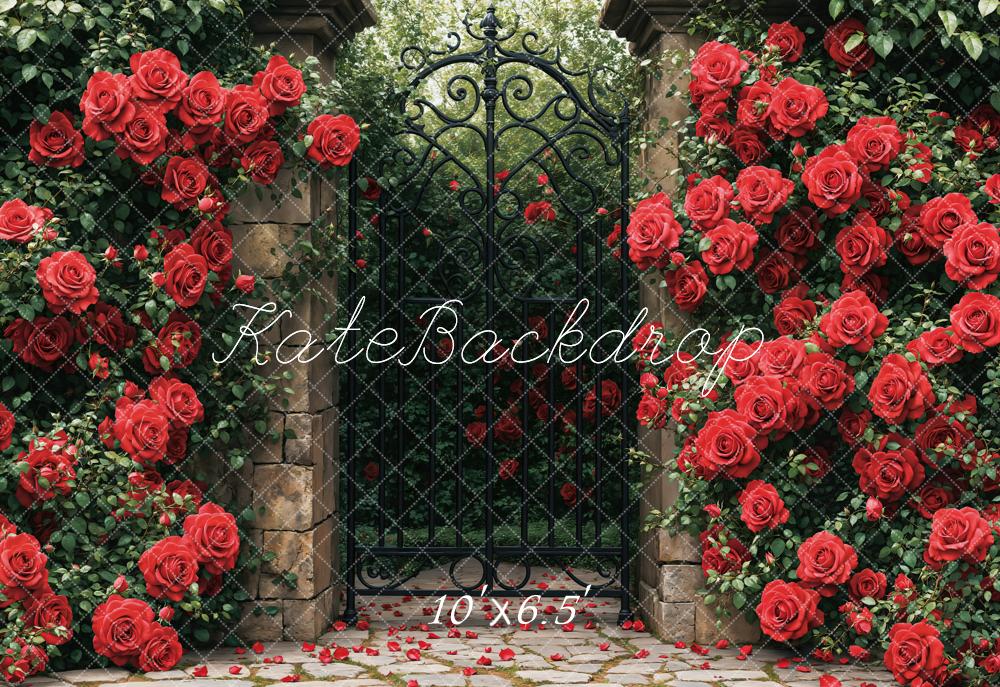 Kate Fleece Spring Red Roses Garden Gate Backdrop Designed by Emetselch