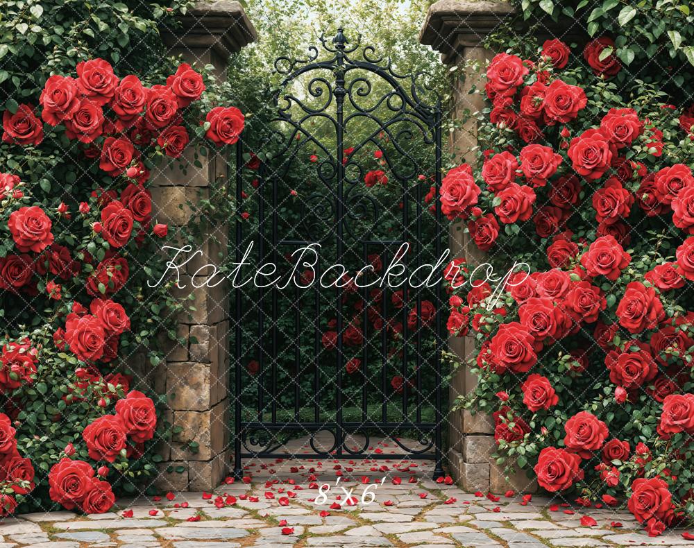 Kate Fleece Spring Red Roses Garden Gate Backdrop Designed by Emetselch