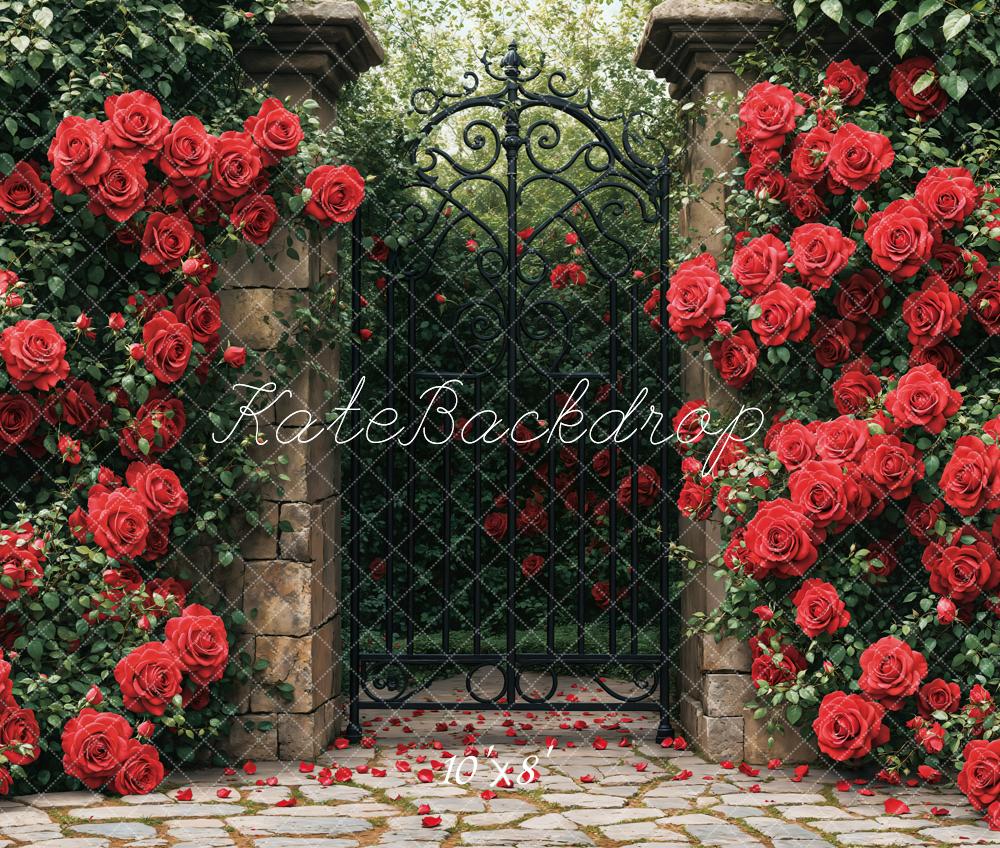 Kate Fleece Spring Red Roses Garden Gate Backdrop Designed by Emetselch