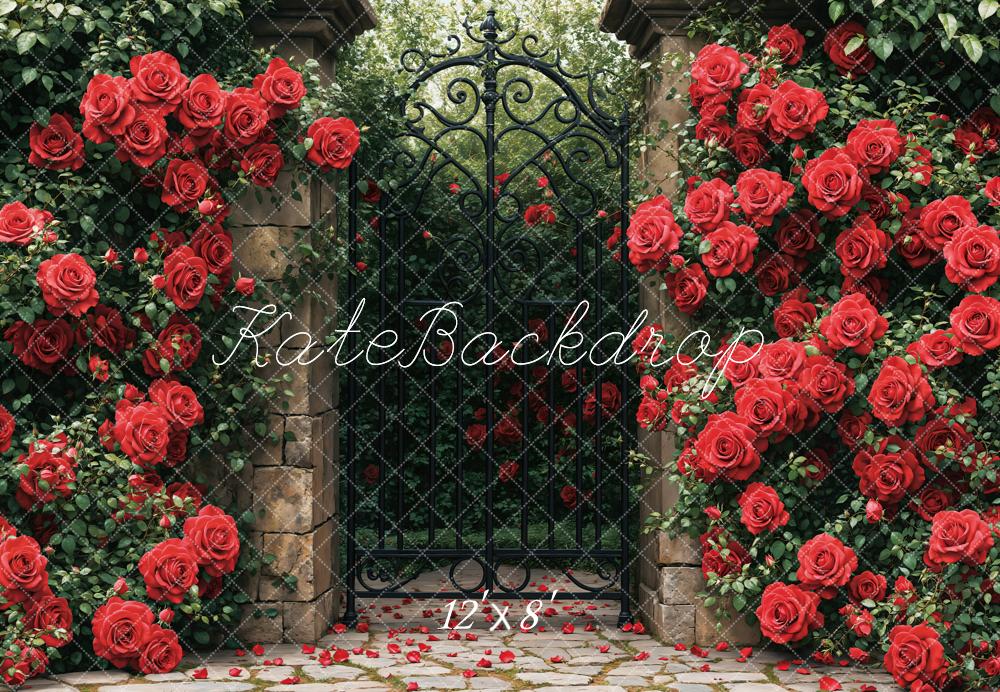 Kate Fleece Spring Red Roses Garden Gate Backdrop Designed by Emetselch