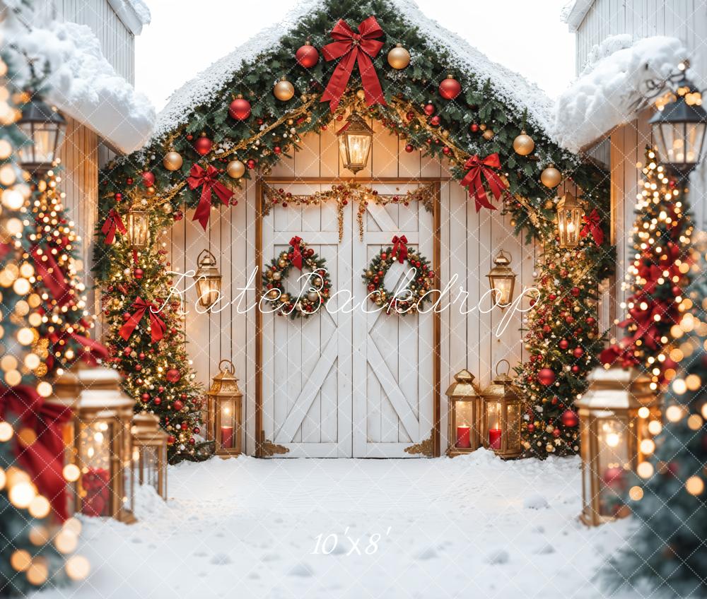 Kate Fleece Snow Christmas Tree Backdrop White Barn Door Bokeh Designed by Emetselch