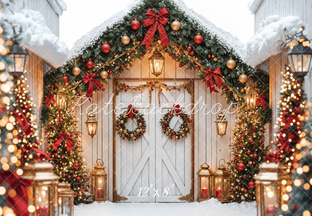 Kate Fleece Snow Christmas Tree Backdrop White Barn Door Bokeh Designed by Emetselch