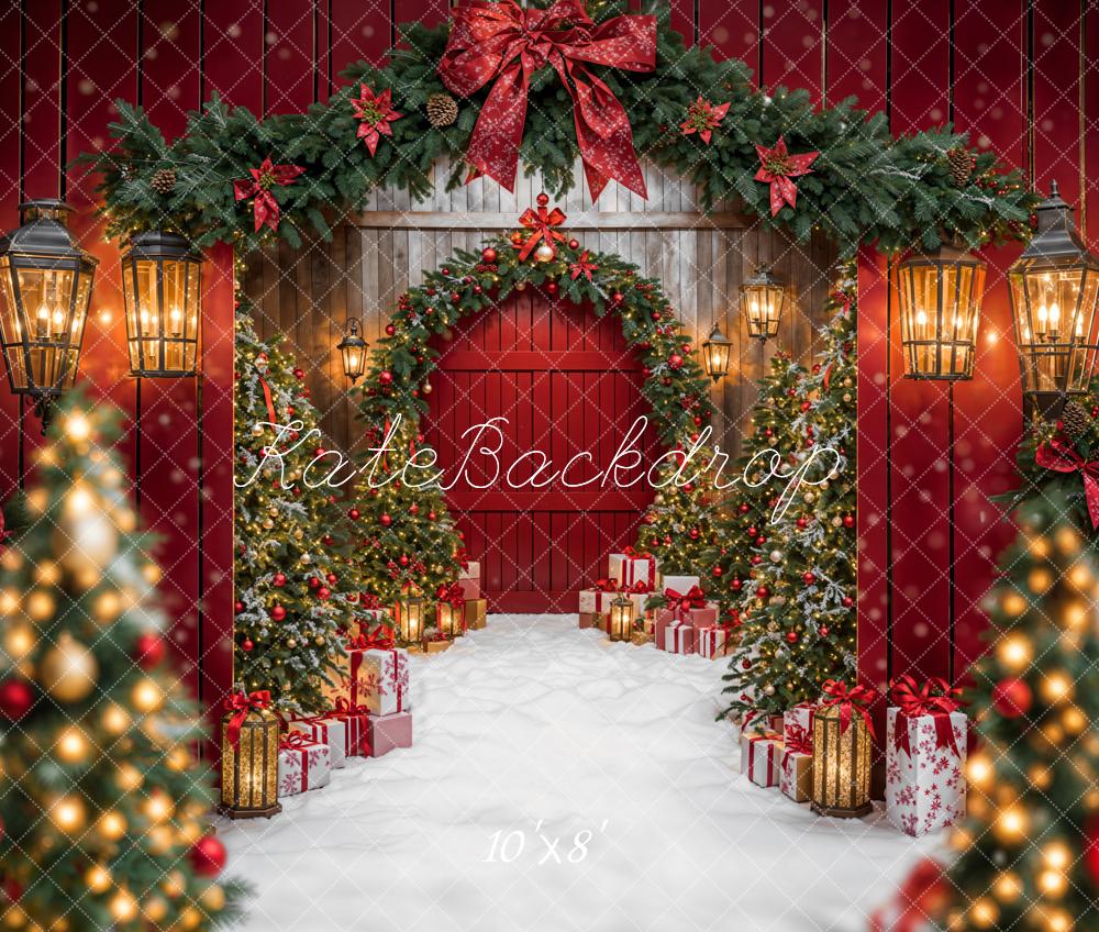 Kate Fleece Snow Red Wooden Christmas Bokeh Backdrop Designed by Emetselch