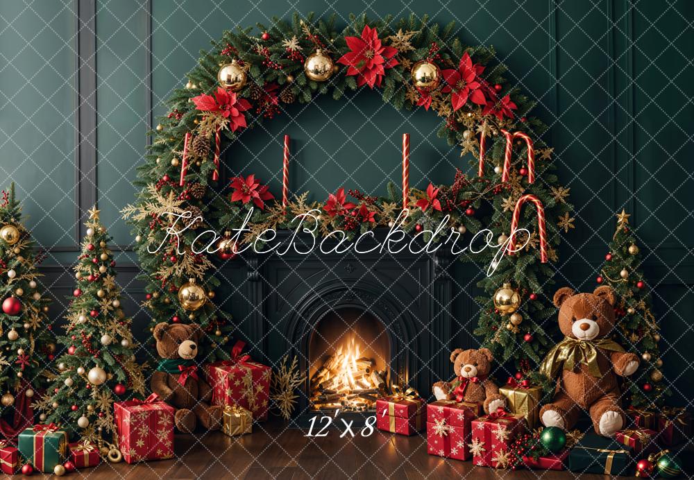 Kate Fleece Green Christmas Tree Fireplace Teddy Bear Backdrop Designed by Emetselch