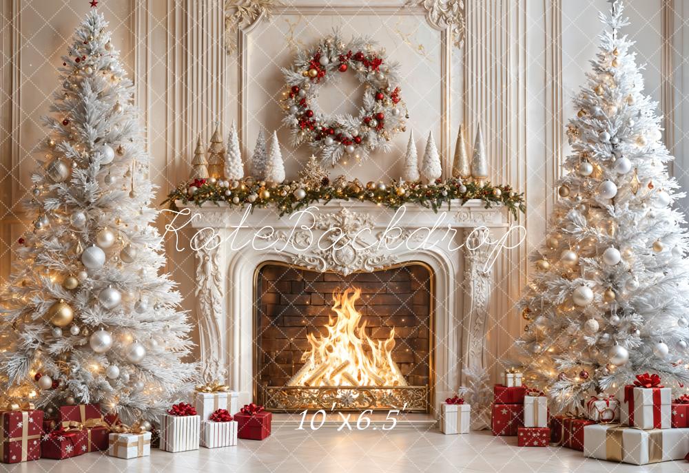 Kate Fleece White Christmas Tree Fireplace Backdrop Designed by Emetselch