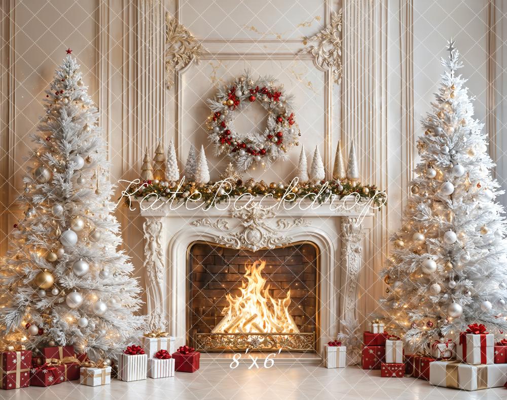 Kate Fleece White Christmas Tree Fireplace Backdrop Designed by Emetselch