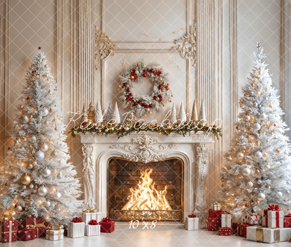 Kate Fleece White Christmas Tree Fireplace Backdrop Designed by Emetselch