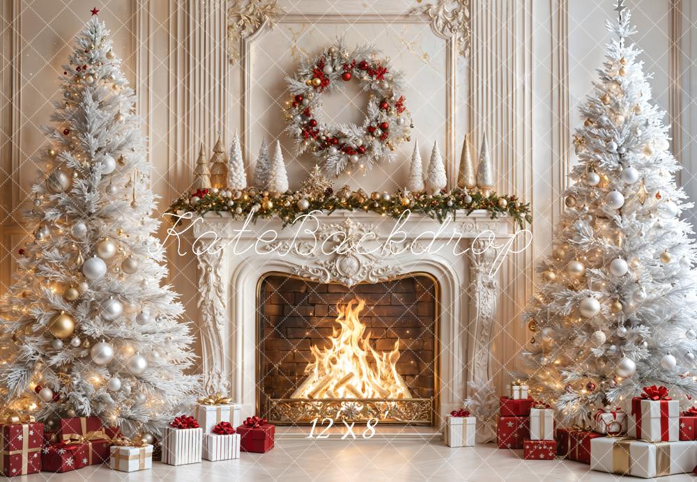 Kate Fleece White Christmas Tree Fireplace Backdrop Designed by Emetselch