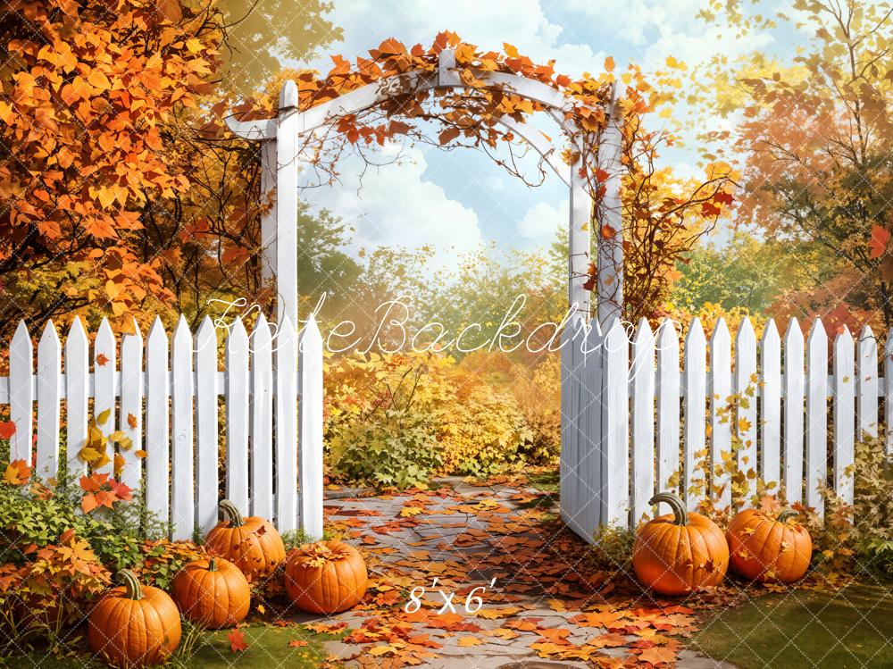 Kate Fleece Autumn Pumpkin White Fence Backdrop Designed by Emetselch