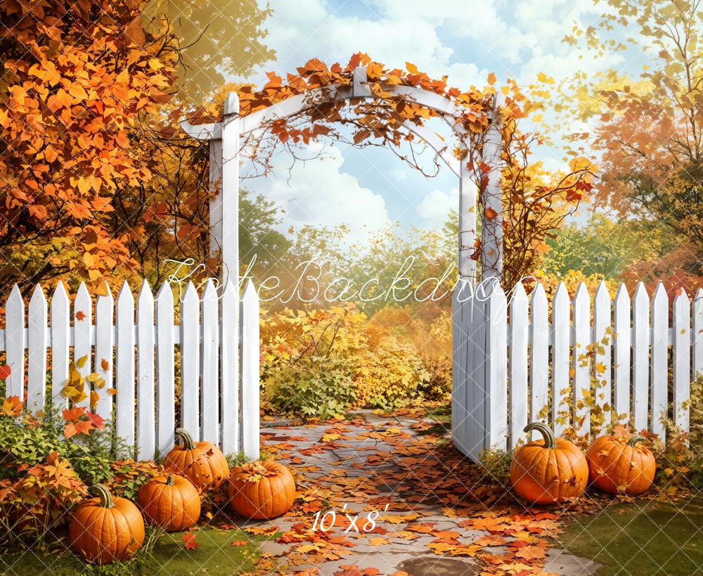 Kate Fleece Autumn Pumpkin White Fence Backdrop Designed by Emetselch