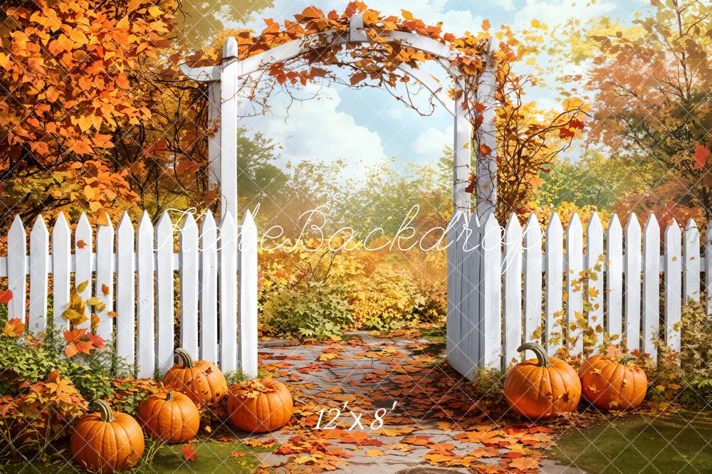 Kate Fleece Autumn Pumpkin White Fence Backdrop Designed by Emetselch