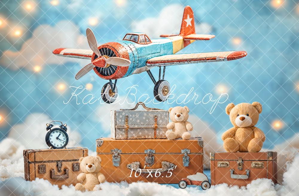 Kate Fleece Blue Teddy Bear Airplane Suitcase Backdrop Designed by Emetselch