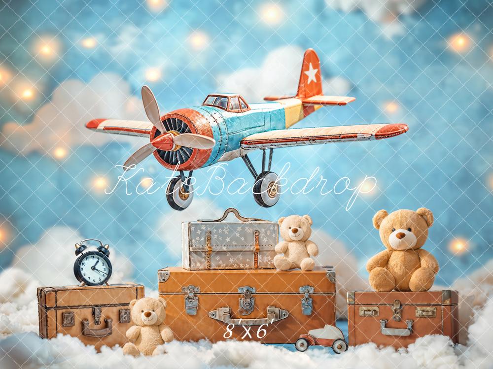 Kate Fleece Blue Teddy Bear Airplane Suitcase Backdrop Designed by Emetselch