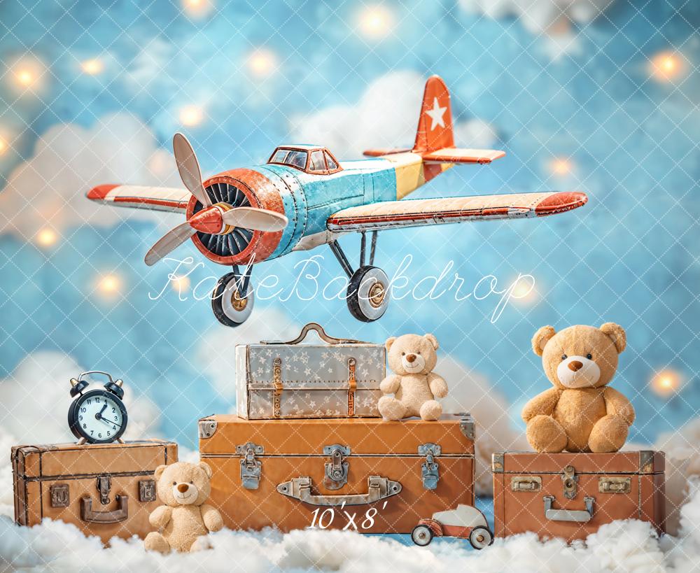 Kate Fleece Blue Teddy Bear Airplane Suitcase Backdrop Designed by Emetselch