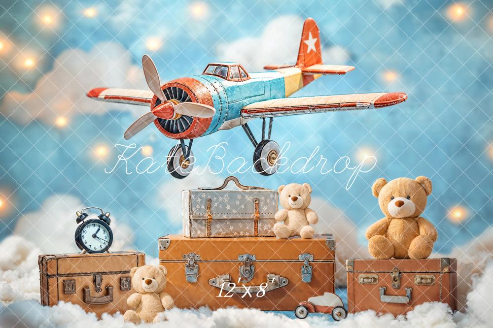 Kate Fleece Blue Teddy Bear Airplane Suitcase Backdrop Designed by Emetselch