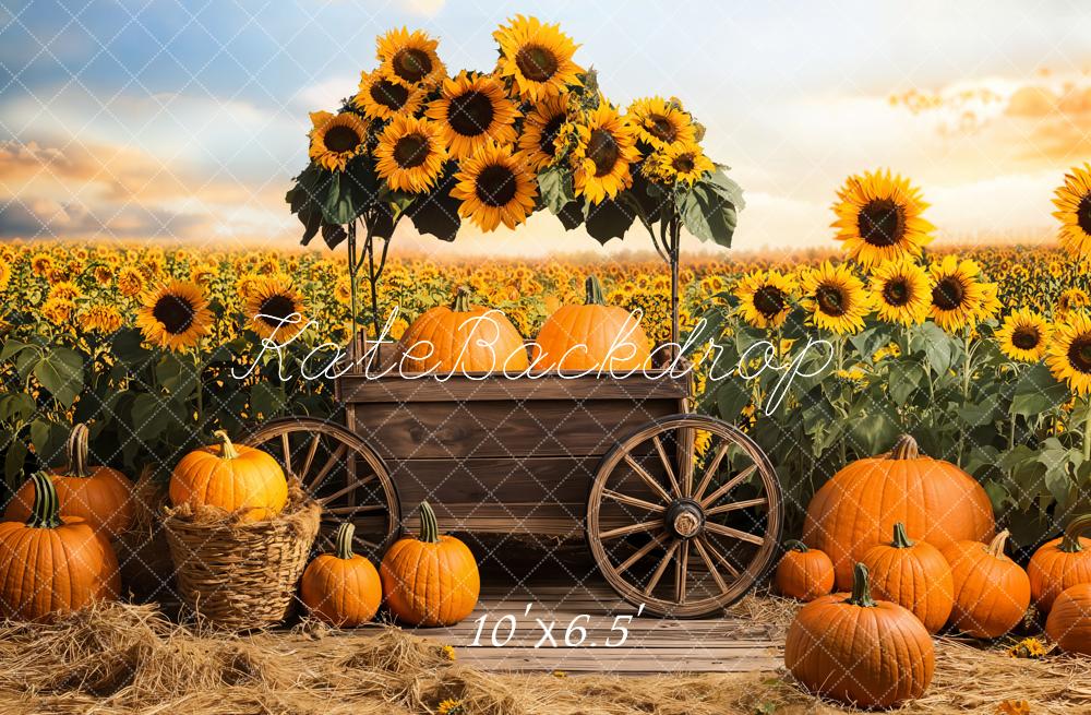 Kate Fleece Fall Sunflowers Pumpkins Cart Backdrop Designed by Emetselch