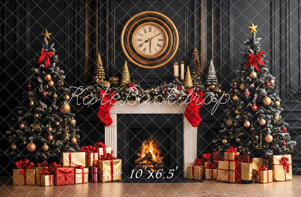 Kate Fleece Black Christmas Tree Fireplace Clock Backdrop Designed by Emetselch