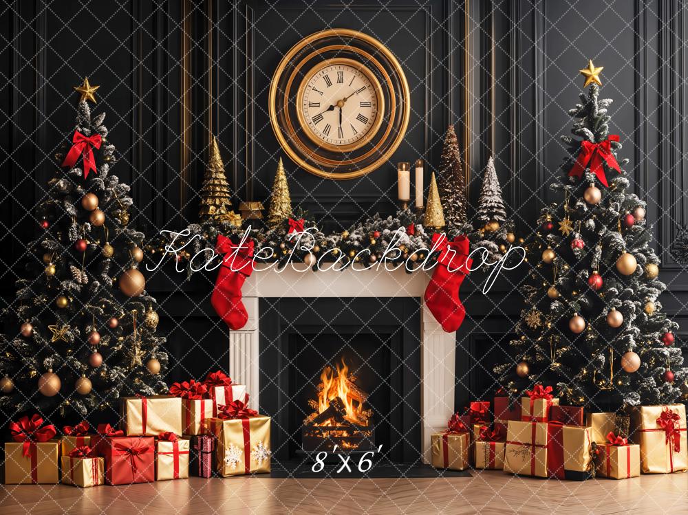 Kate Fleece Black Christmas Tree Fireplace Clock Backdrop Designed by Emetselch