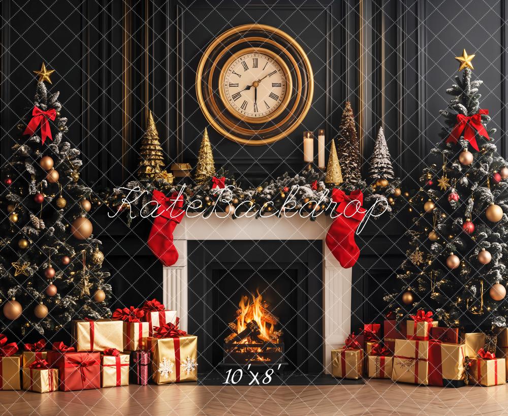 Kate Fleece Black Christmas Tree Fireplace Clock Backdrop Designed by Emetselch