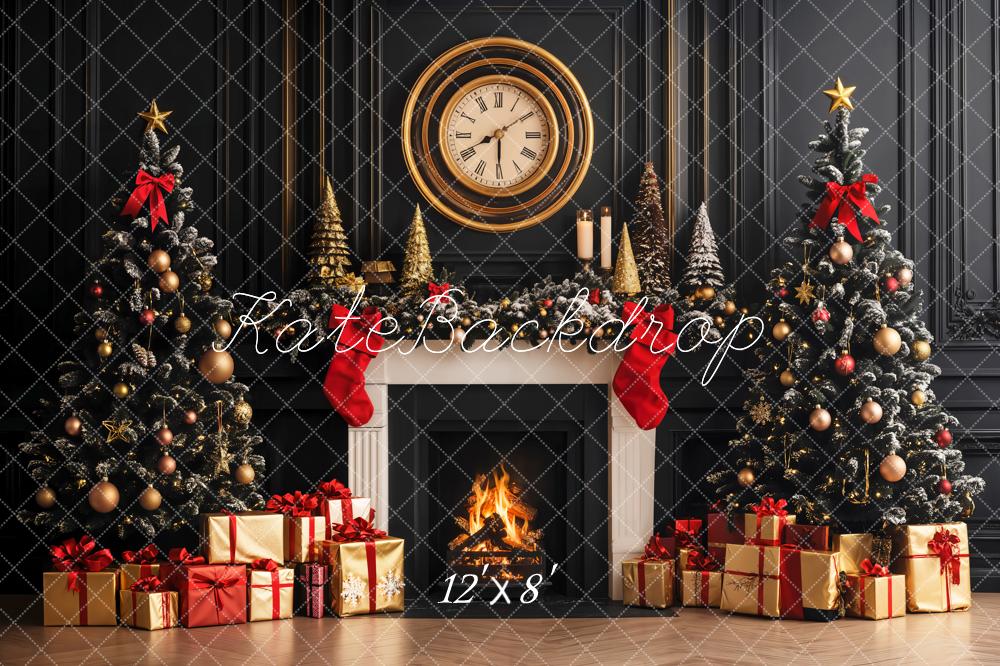 Kate Fleece Black Christmas Tree Fireplace Clock Backdrop Designed by Emetselch