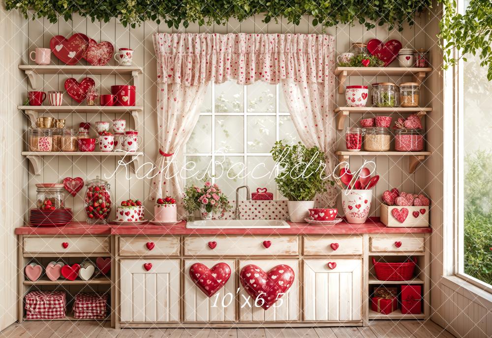 Kate Fleece Valentine's Day Kitchen Backdrop Red Heart Designed by Emetselch