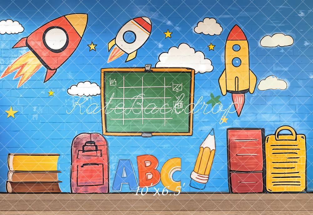 Kate Fleece Back to School Backdrop Graffiti Rockets Blackboard Designed by Emetselch