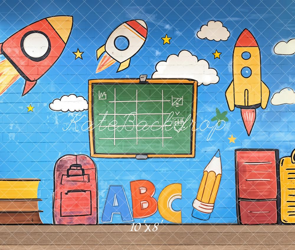 Kate Fleece Back to School Backdrop Graffiti Rockets Blackboard Designed by Emetselch