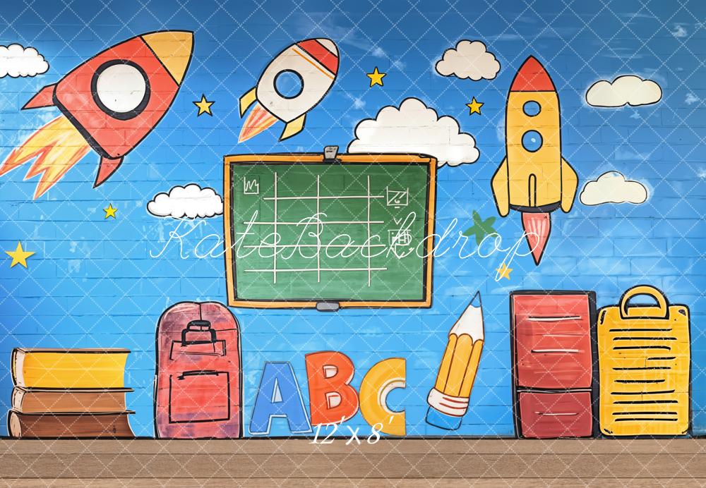 Kate Fleece Back to School Backdrop Graffiti Rockets Blackboard Designed by Emetselch