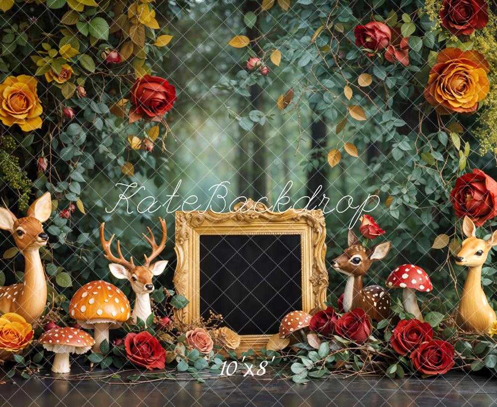 Kate Fleece Forest Mushroom Deer Rose Backdrop Designed by Emetselch