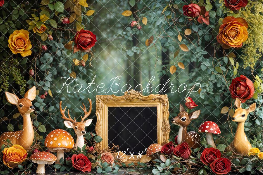 Kate Fleece Forest Mushroom Deer Rose Backdrop Designed by Emetselch