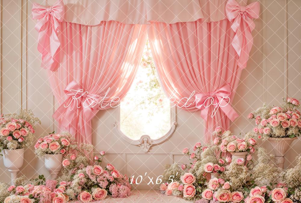 Kate Pink Curtain Bow Backdrop Fleece Cake Smash Designed by Emetselch