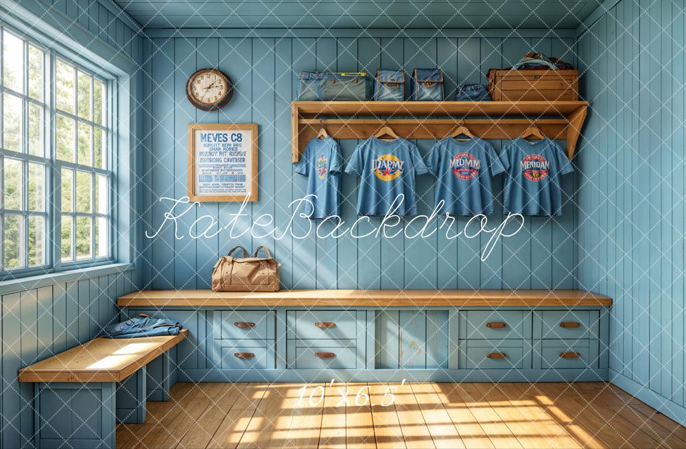 Kate Sports Locker Room Window Blue Fleece Backdrop Designed by Emetselch