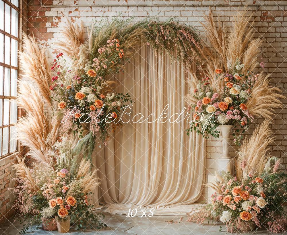 Kate Boho Flower Arch Beige Fleece Backdrop Designed by Emetselch