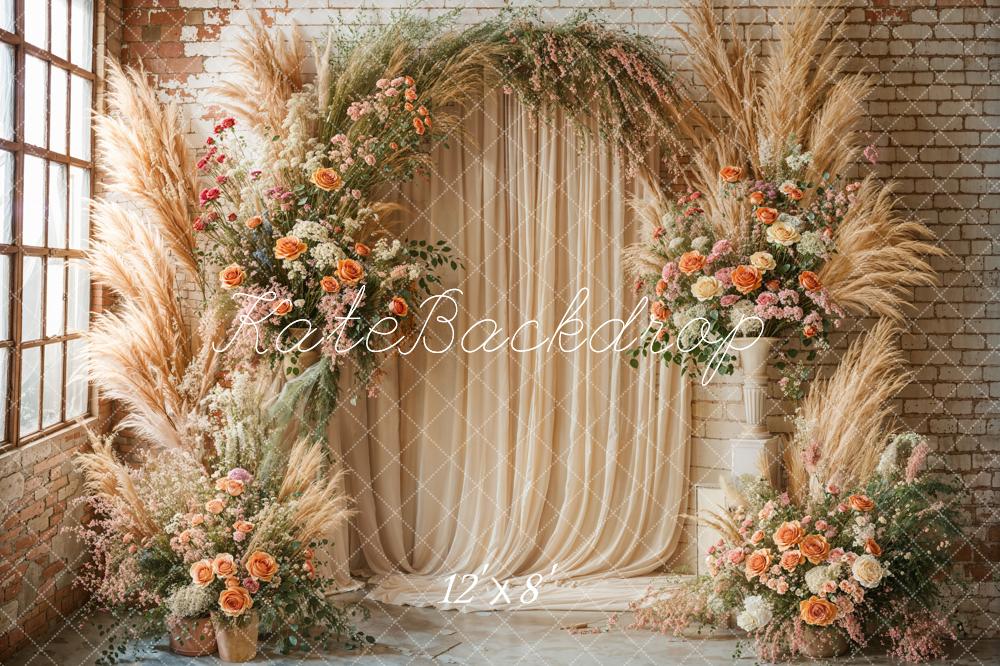 Kate Boho Flower Arch Beige Fleece Backdrop Designed by Emetselch