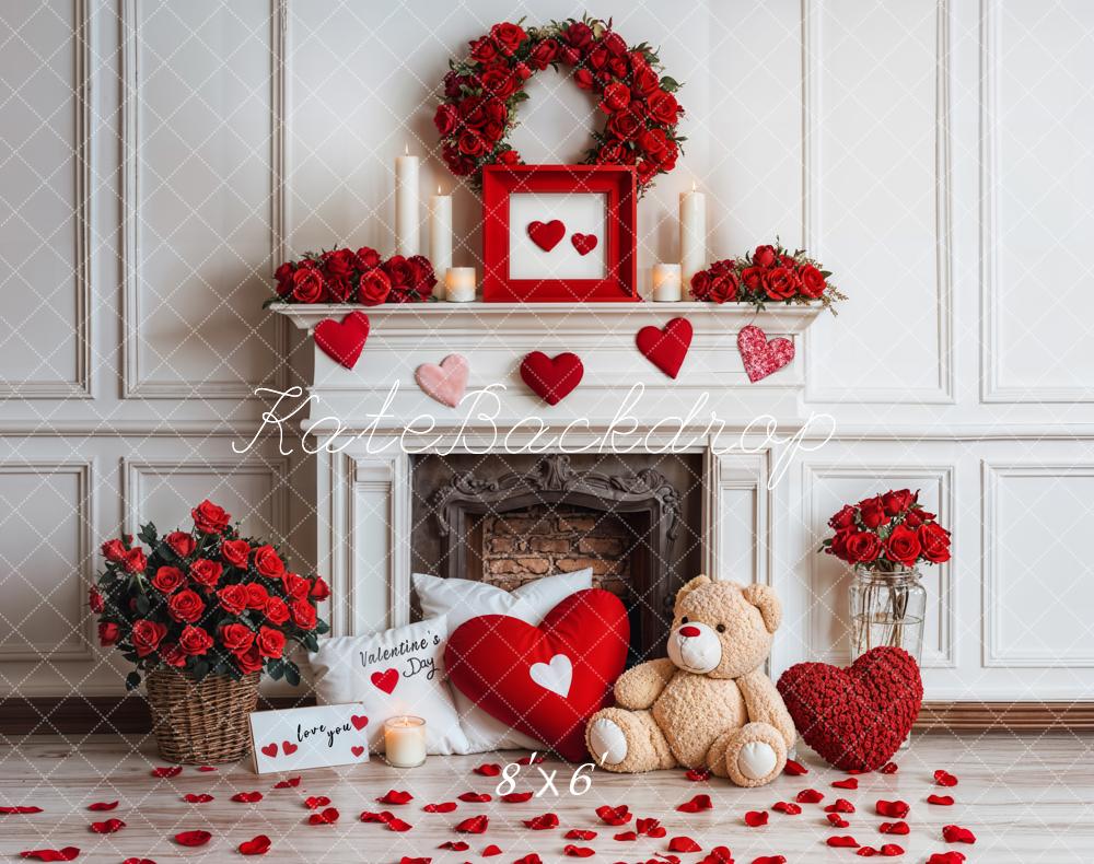 Kate Rose Valentine's Day White Fireplace Backdrop Fleece Designed by Emetselch