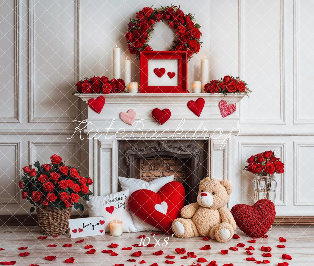 Kate Rose Valentine's Day White Fireplace Backdrop Fleece Designed by Emetselch