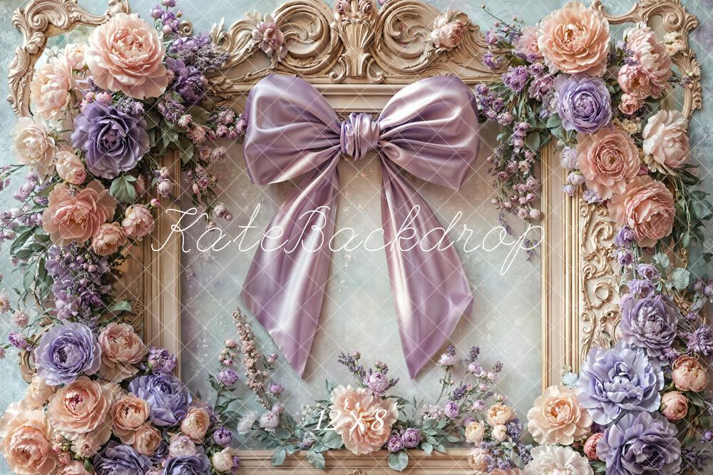 Kate Fleece Purple Bow Flower Frame Backdrop Designed by Emetselch