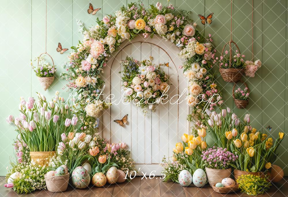 Kate Fleece Easter Tulips Backdrop Door Green Butterfly Designed by Emetselch