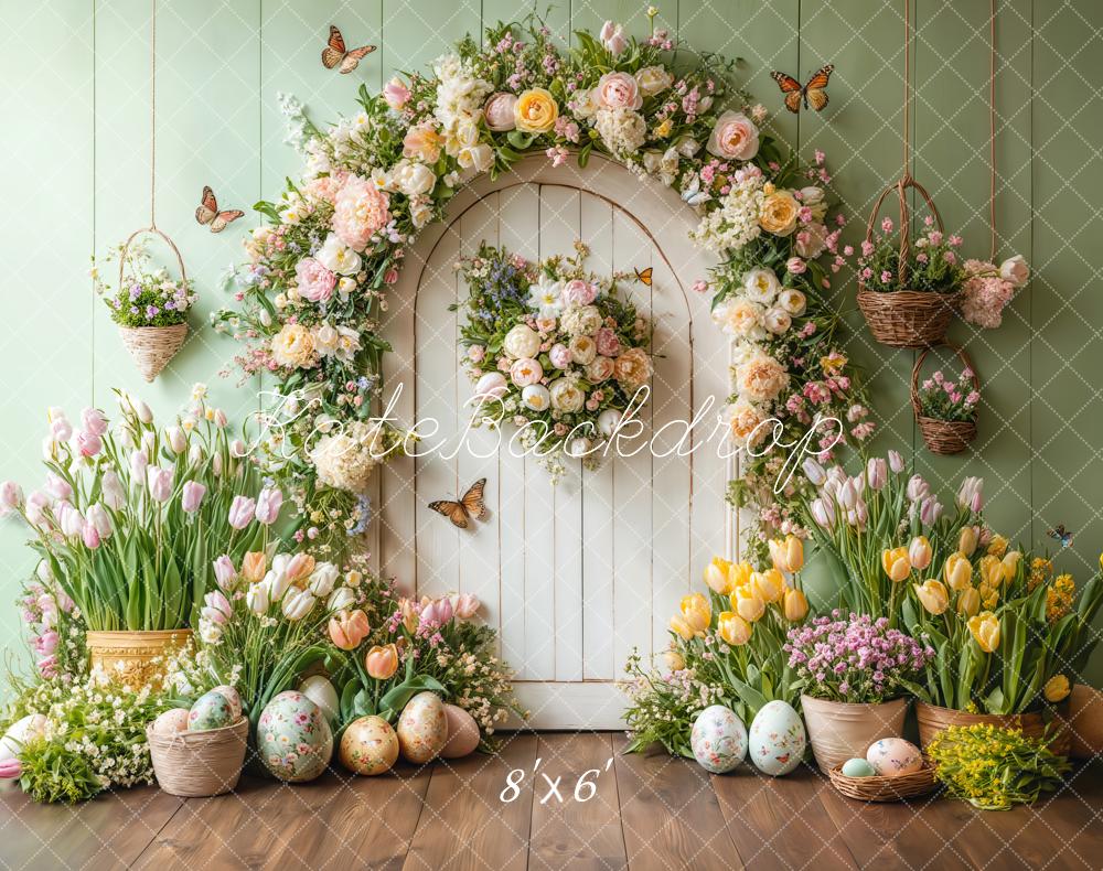 Kate Fleece Easter Tulips Backdrop Door Green Butterfly Designed by Emetselch