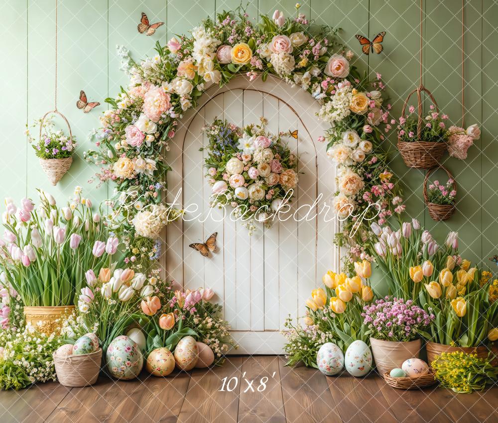 Kate Fleece Easter Tulips Backdrop Door Green Butterfly Designed by Emetselch